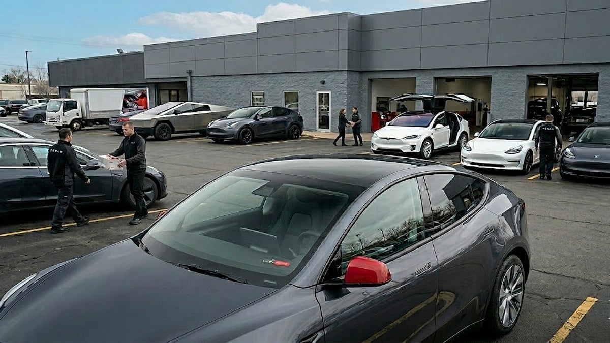 Tesla Model Y parked in the Tesla Service Center lot with a spontaneous stress crack in windshield after being denied warranty coverage for the $1,500 repair